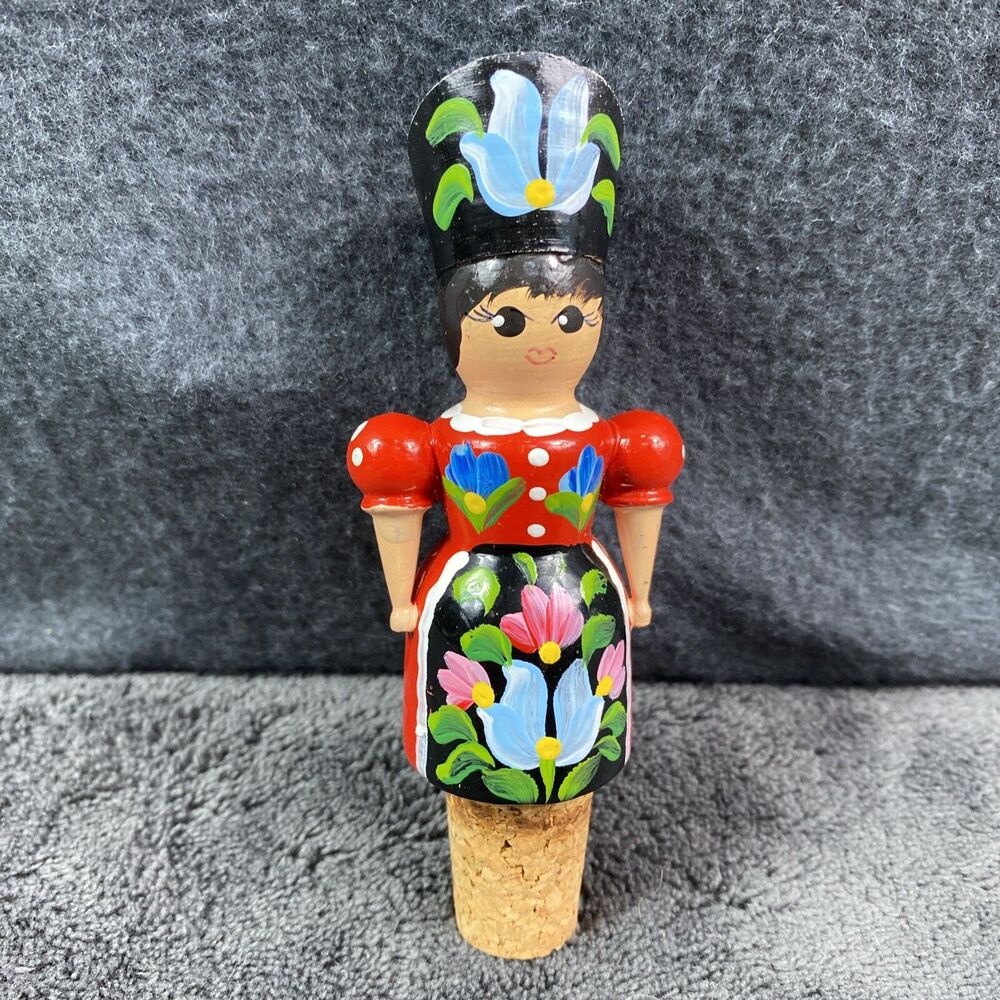 Vintage Hungarian Folk Art Hand Painted Wooden Bottle Stopper Woman Figurine